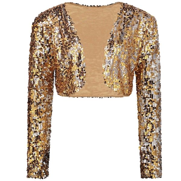 Sparkly Sexy Women Sequin Cardigan Куртка Пальто с длинным рукавом Короткие обрезанные Болеро Косбежский Клуб Урожай Партии Костюмы T200212