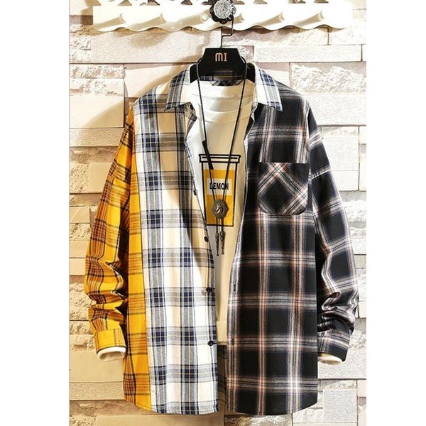 

весна личности корейской версии тенденции цвета соответствия клетчатой ​​рубашки мужские случайные хип-хоп потерять рубашку с длинными рукав, White;black