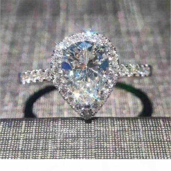 

eternal delicate pear-shaped white sapphire water-drop gemstone ring finger for women classic 10kt white gold filled wedding jewelry, Slivery;golden