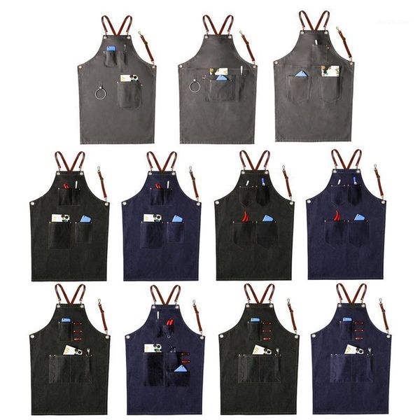

aprons home garden denim work pu leather strap apron barista barber overalls restaurant gardener working clothes supplies1