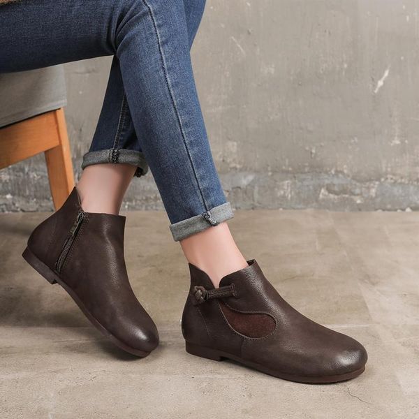 

boots 6066-16 original hand-made leather flat-soled literary retro buttons round-headed cowskin ankle for women shoes, Black