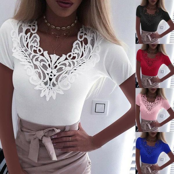 

new women slim tunic lace v neck t-shirt 2020 elegant summer short sleeve t shirt lace flower plus size t-shirts, White