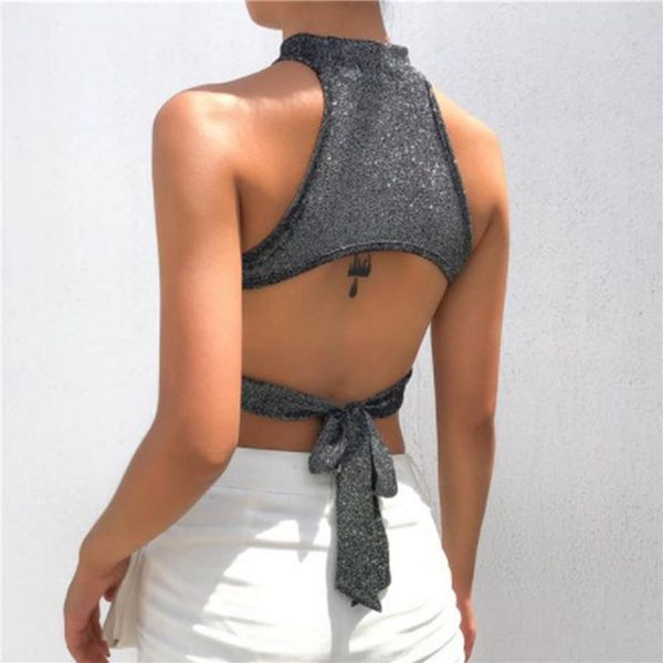 

summer women tank off-shoulder backless crop fashion hollow out bandage halter ladies sparkling vest, White