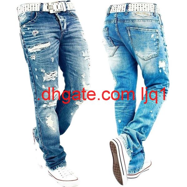 

new men's jeans slim straight tube hole wash large pants, Blue