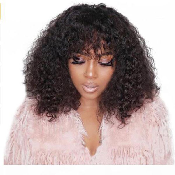 

deep curly lace front human hair wigs brazilian human hair wigs with bangs for women short bob wigs, Black