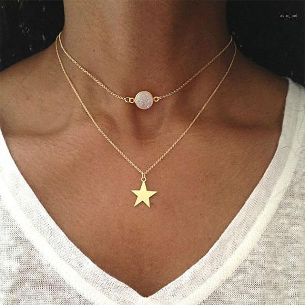 

abdoabdo new layered necklace women pentagram frosted gem gold chain pendant necklace jewelry stainless steel choker1, Silver