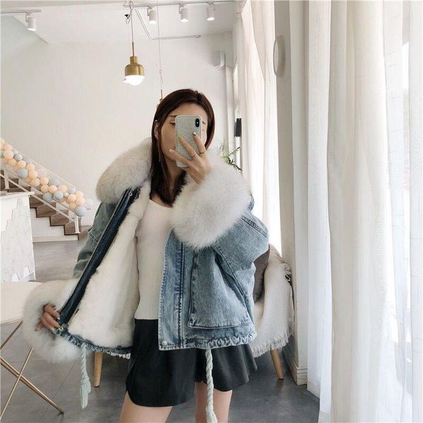 

new 2020 winter velvet thick denim jacket female big fur collar korean locomotive lamb coat female student short coat xxxl 4xl, Black;brown