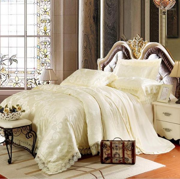 

beige satin bedding sets  king size solid lace jacquard bed set cotton bedsheet linen duvet cover parrure de lit1