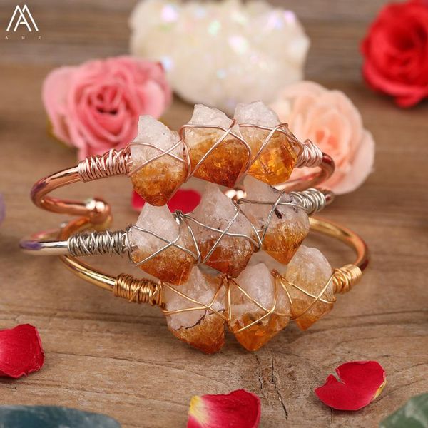 

charm bracelets plated gold copper wire wrapped natural citrines quartz nugget chip beads open women jewelry dropship, Golden;silver