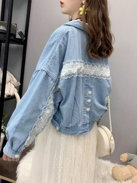 

women's jackets 2021 autumn thin section small fresh light blue lace stitching denim ladies short loose korean style wild jacket, Black;brown