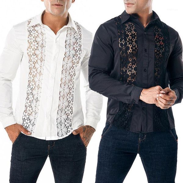

fashion mens luxury shirts casual lace hollow out slim fit long sleeve casual dress shirts 1, White;black