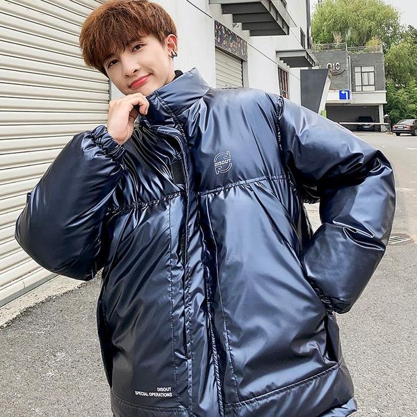 

2020 winter new plus velvet korean couple fashion bright leather men loose solid color casual street art cotton coat1, Black