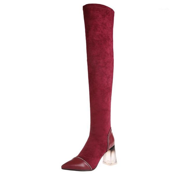 

boots handmade genuine leather flock over the knee women pointed toe chunky trasparent heels shoes slip on crystal boots1, Black