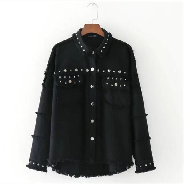 

2018 women autumn rivet denim jacket vintage long sleeve black female jeans coat casual female streetwear casaco feminino, Black;brown