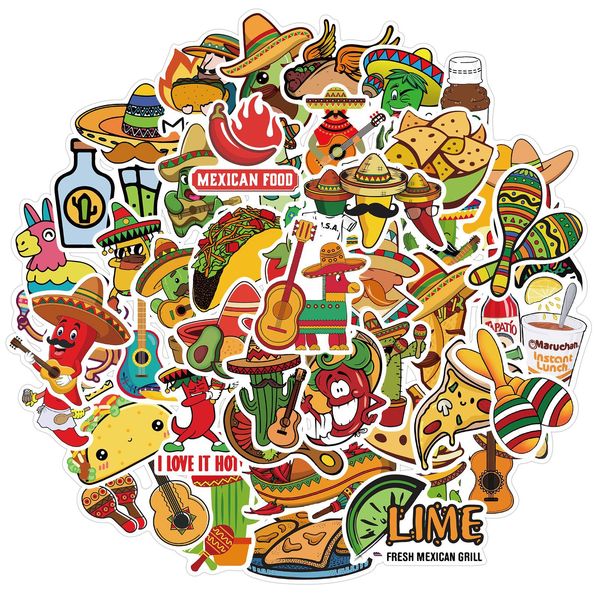 

50pcs/set mexican food stickers pack skateboard fridge guitar lapmotorcycle luggage cartoon waterproof kids sticker toys