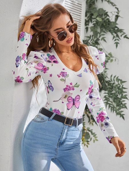 

floral & butterfly print gigot sleeve tee q17o#, White