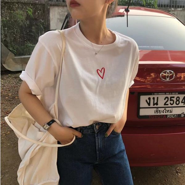 

2020 chic heart embroidery cotton t shirts women fashion casual summer loose simple basic cotton t shirt1, White