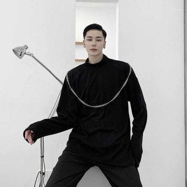 

spring and autumn show style chain decoration small high collar bottoming shirt t-shirt men's versatile solid color loose long s1, White;black