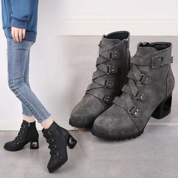 

2020 winter new high-heels boots pu leather vintage fashion round toe buckle ankle boots side zipper women's shoes #y02q, Black