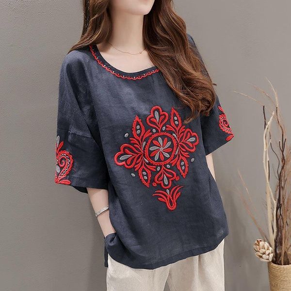 

ethnic embroidery summer clothing short sleeve t-shirt female casual shirts women clothes tee linen cotton plus size, White