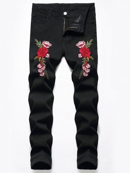 

romwe guys floral embroidery jeans i0t1#, Blue