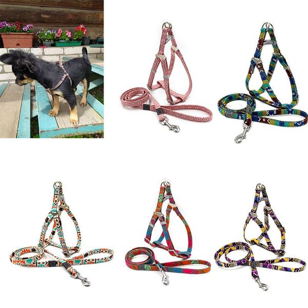 

fashion print pet harness leash set polyester dog harness with 1.2m traction rope adjustable vest for small dog cat