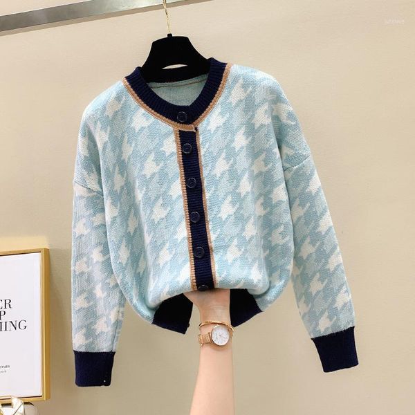 

autumn and winter 2020 new print hit color v neck sweater women loose knitted cardigan coat1, White