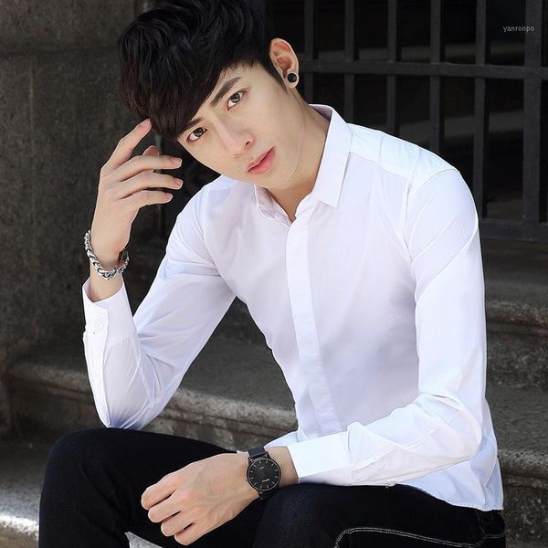 

men's long sleeve shirt male fund solid color leisure slim fit shirts wear casual 1, White;black
