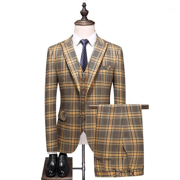 

luxury fashion men's plaid suits plaid western slim fit men's wedding suits groom dress three-piece suit jacket + pants + vest1, White;black