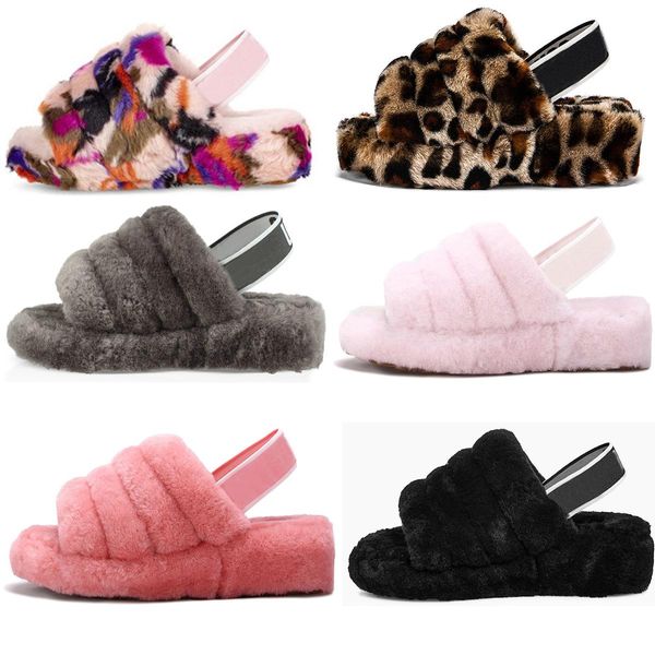 

women kids girls furry slipper fluff slides fur house slippers hausschuhe luxury designer platform wedges heels sandals pantoufle flip flops, Black
