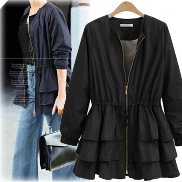 

hodisytian spring fashion women trench coat ruffles casual solid long style o neck windbreaker female outerwear casaco plus size1, Black;brown