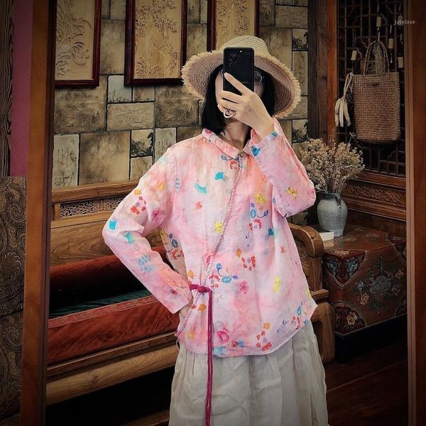 

johnature vintage print pink ramie turn-down collar 2020 women shirts new autumn casual long sleeve loose retro vintage blouses1, White