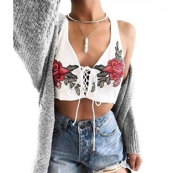 

retro embroidered bandage design fashion vest for bralette lady bandage strappy summer t-shirt lingerie1, White