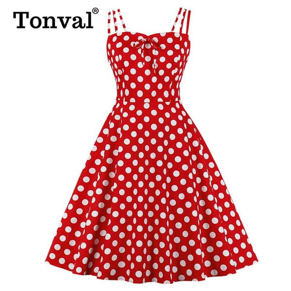 

tonval retro style polka dot tie front spaghetti strap party swing dress women 2021 summer shirred back vintage a line dresses, Black;gray