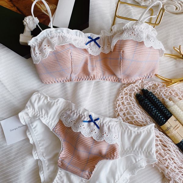 

women bra set wire plaid cotton ultra thin underwear lace bralette young girl pink fashion lingerie romantic bras c1211, Black;white