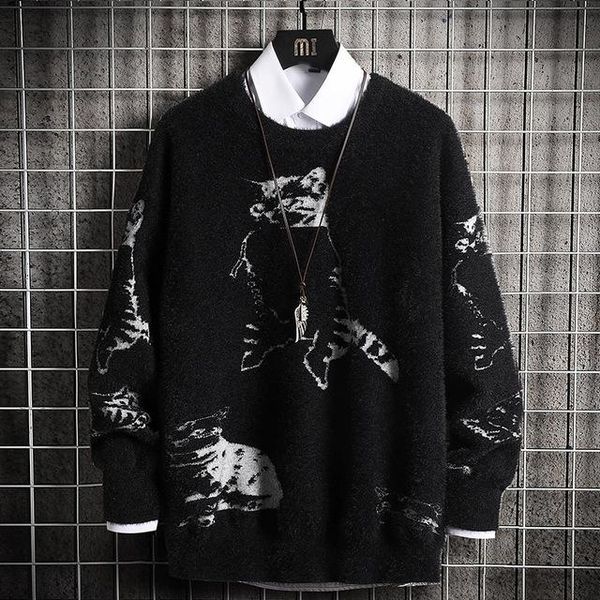

oversized mens knitted sweater men 2020 winter cat sweaters pullover jumper hip hop harajuku korean white sweater men, White;black