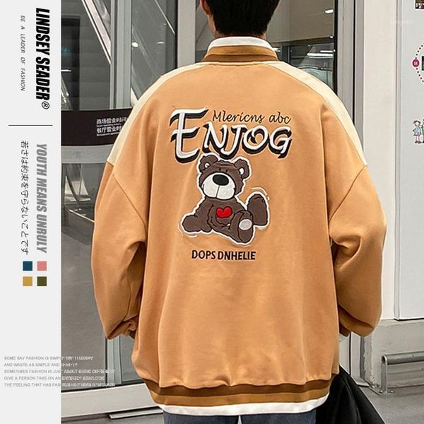

lindsey seader 2020 streetwear hiphop bomber baseball jacket men cartoon embroidery zipper coat harajuku pocket track jacket1, Black;brown