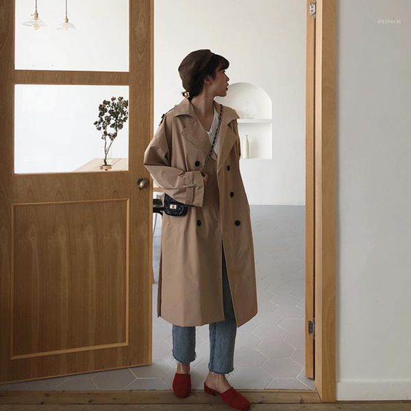 

autumn winter women's coat khaki belt long trench turn-down collar double breasted female casual office lady outwear1, Tan;black