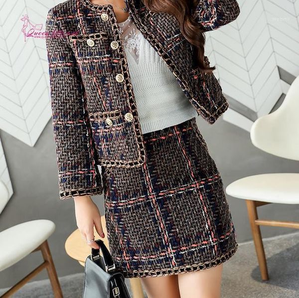 

queenlifeart" 2018 classical coarse flower cloth coat plaid skirt woven short coat long sleeve office casual pencil dress1, Gray