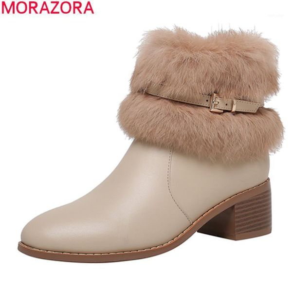 

morazora 2021 genuine leather boots thick heels round toe keep warm women boots ankle black apricot1