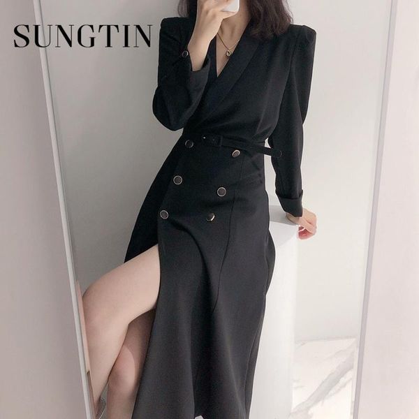 

casual dresses sungtin double breasted sashes office lady women long blazer dress korean fashio famale solid black white soft button chic, Black;gray