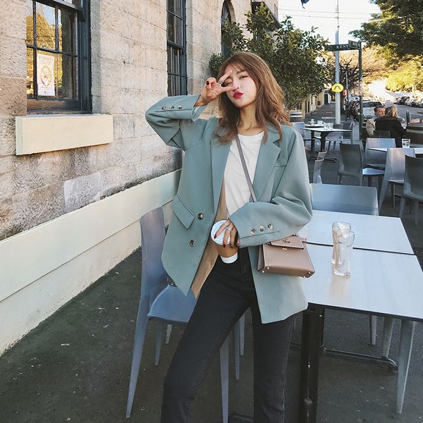 

2021 new female blazer spring new fall with double long sleeves breasted seam casual korean fashion loose office short jacket 19x y4ql, White;black