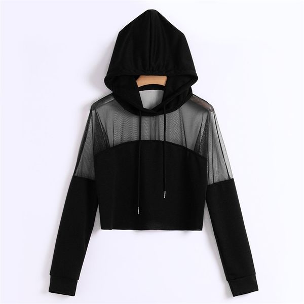 

harajuku sweatshirt hoodies autumn women streetwear mesh patchwork hoodie clothes cropped tumblr moletom feminino y200107, Black