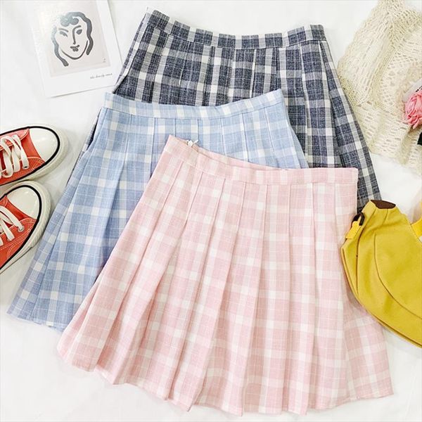 

harajuku plaid skirt female 2021 summer skirt student pleated cute pink cotton loose high waist zipper skirts 9508, Black