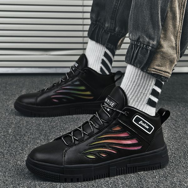 

male trendy winter board shoes faux leather casual skater shoes fashion skate sneakers high cut rugged teenage plimsolls ulzzang footwear, Black