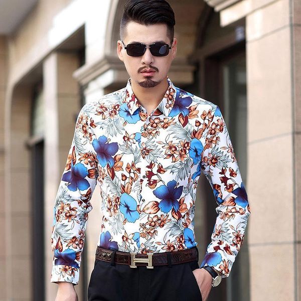 

long sleeve shirt men's clothing slim camisa masculina floral hawaiian blouse men casual floral shirts men blue red1, White;black