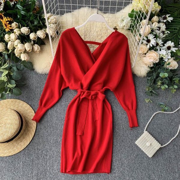 

estenala autumn winter women knitted sweater dress 2021 new korean long batwing sleeve v neck elegant dress ladies bandage, Black;gray