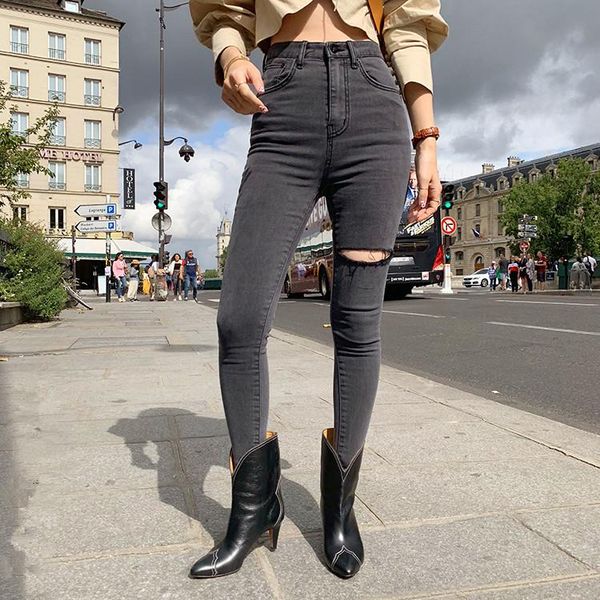 

2020 осень женщина джинсы горячие продажи темно-серые джинсовые брюки для модных женщин высокая талия тощий карандаш джинсы винтажные моющие, Blue