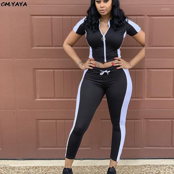 

2019 women new summer short sleeve patchwork zipper up skinny pants suit 2pcs set sporty tracksuit outfit 3 color mh60021, White