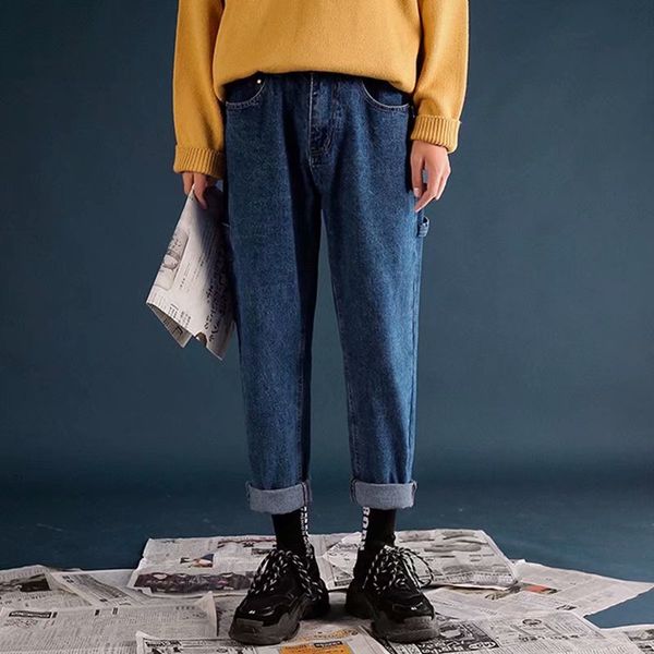 

wholesale 2021 strange taste girl all-match tooling jeans female spring students straight loose loose wide-leg cec funeral pants y1214, Blue